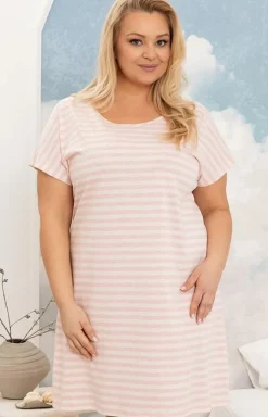 Damskie Regina Koszule Nocne|Koszule Nocne Damskie - Bawełniana koszula nocna w różowe paski plus size 2001