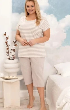Damskie Regina Ciepłe Piżamy|Piżamy Damskie - Bawełniana piżama damska beżowa plus size 4013