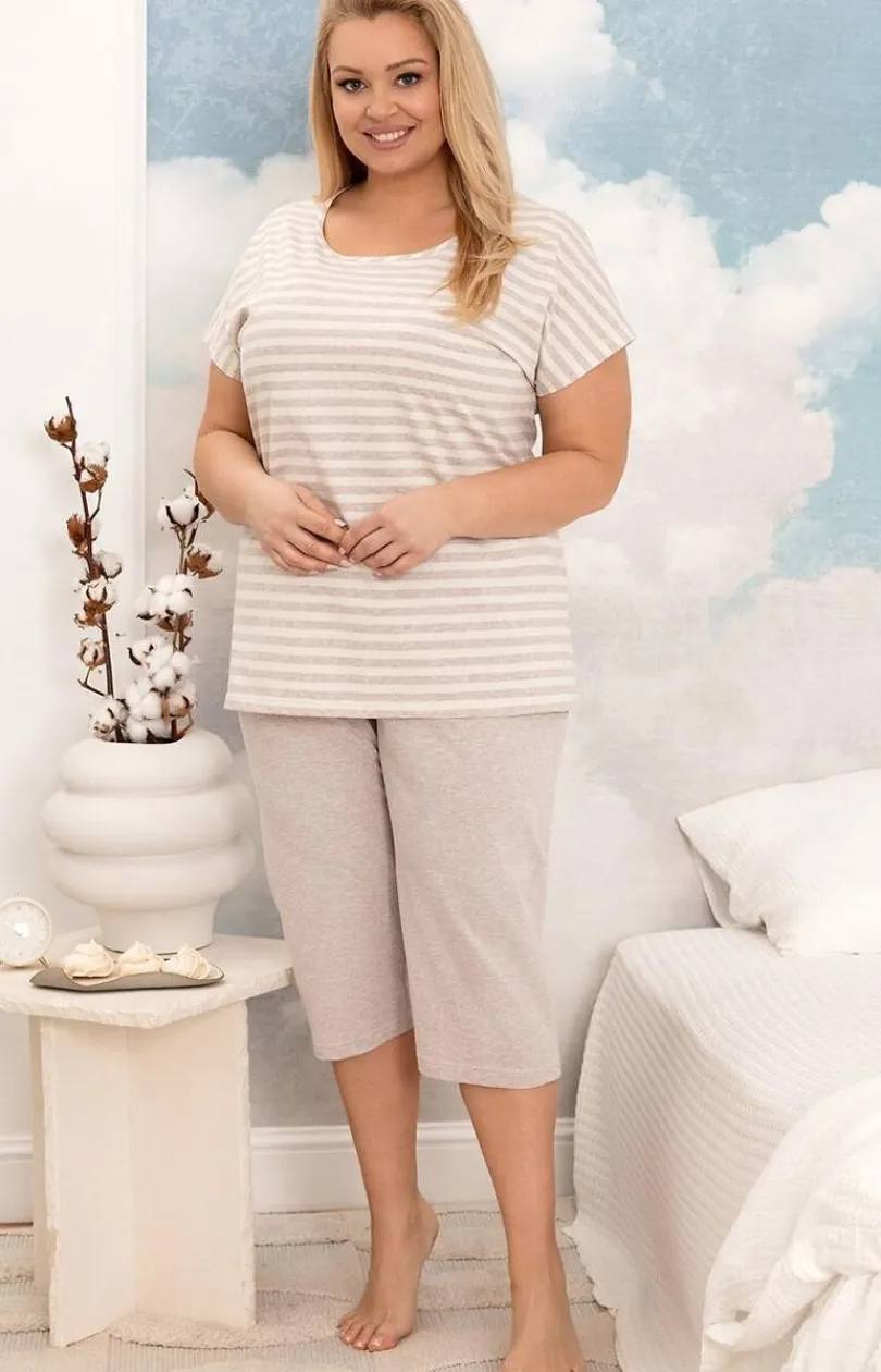 Damskie Regina Ciepłe Piżamy|Piżamy Damskie - Bawełniana piżama damska beżowa plus size 4013