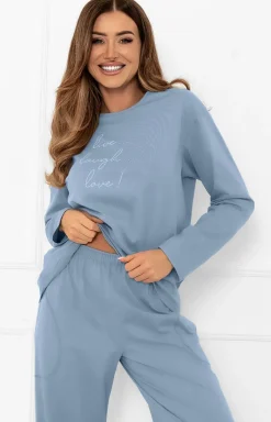 Damskie Italian Fashion Bielizna Homewear|Piżamy Damskie - Bawełniana piżama damska na długi rękaw i długie spodnie stalowe Ksara