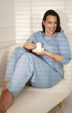 Damskie Italian Fashion Bielizna Homewear|Piżamy Damskie - Bawełniana piżama damska na długi rękaw i długie spodnie stalowe Ksara