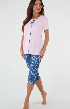 Damskie Italian Fashion Piżamy Rozpinane|Piżamy Bawełniane - Bawełniana piżama damka różowo-niebieka Lady