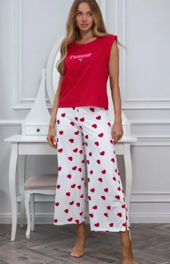 Damskie PURE SIN Piżamy Damskie|Piżamy Dwuczęściowe - Bawełniana piżama damska w serduszka VALENTINE