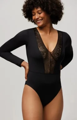 Body damskie z długim rękawem czarne 10093