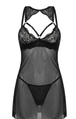 Damskie LivCo Corsetti Fashion Koszulki|Seksowna Koszula Nocna - Czarna koszulka nocna i stringi Krolina