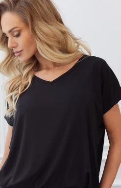 Damskie DKaren Bielizna Plus Size|Piżamy Damskie Krótkie - Czarna piżaa daka z krótki rękawe i krótką nogawką Taara