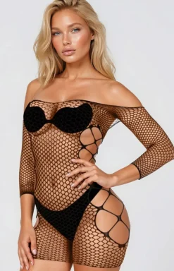 Czarna sukienka bodystocking z elastycznej siateczki 3025