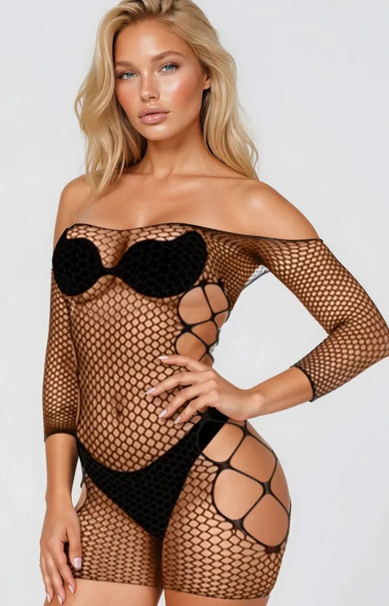 Czarna sukienka bodystocking z elastycznej siateczki 3025