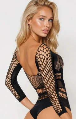 Beauty Night Bodystocking|Body - Czarne body damskie ażurowe z rękawem Lucelia