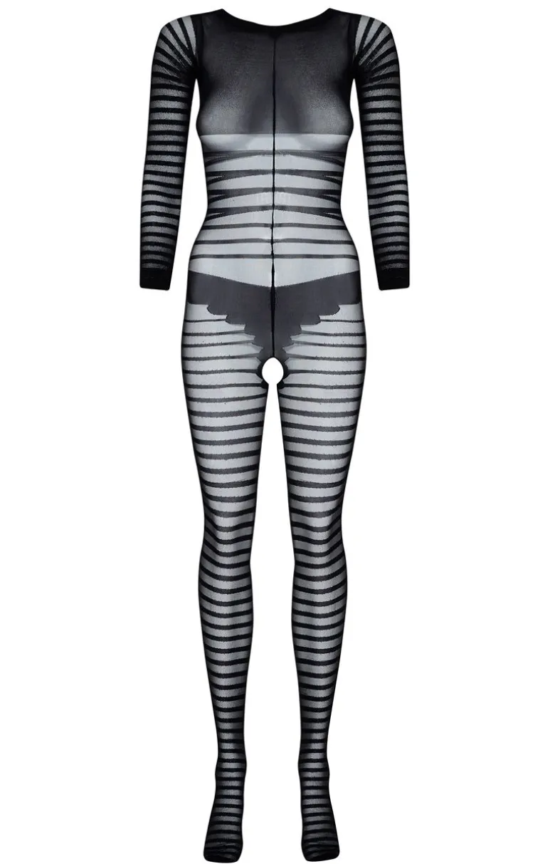 Czarne bodystocking z długim rękawem otwarty krok Ximena