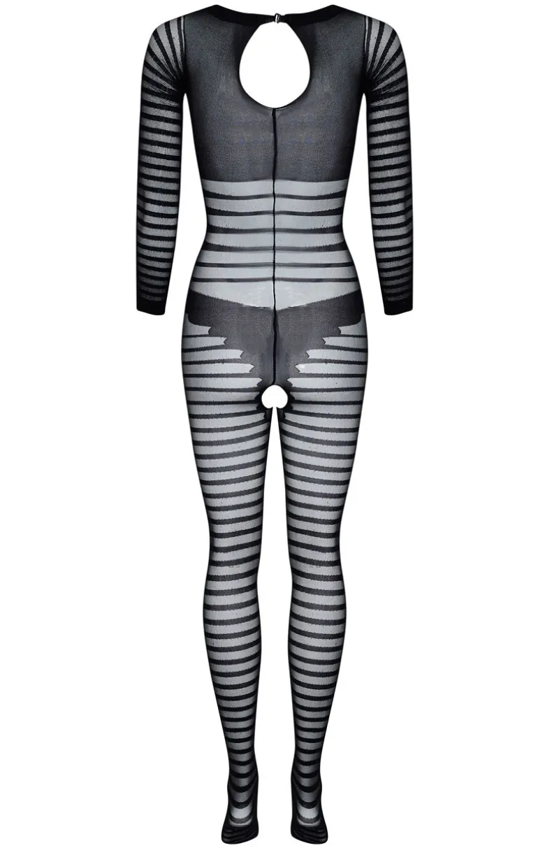 Czarne bodystocking z długim rękawem otwarty krok Ximena
