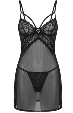 Damskie LivCo Corsetti Fashion Koszulki|Seksowna Koszula Nocna - Czarny komplet bielizny damskiej koszulka i stringi Zoe