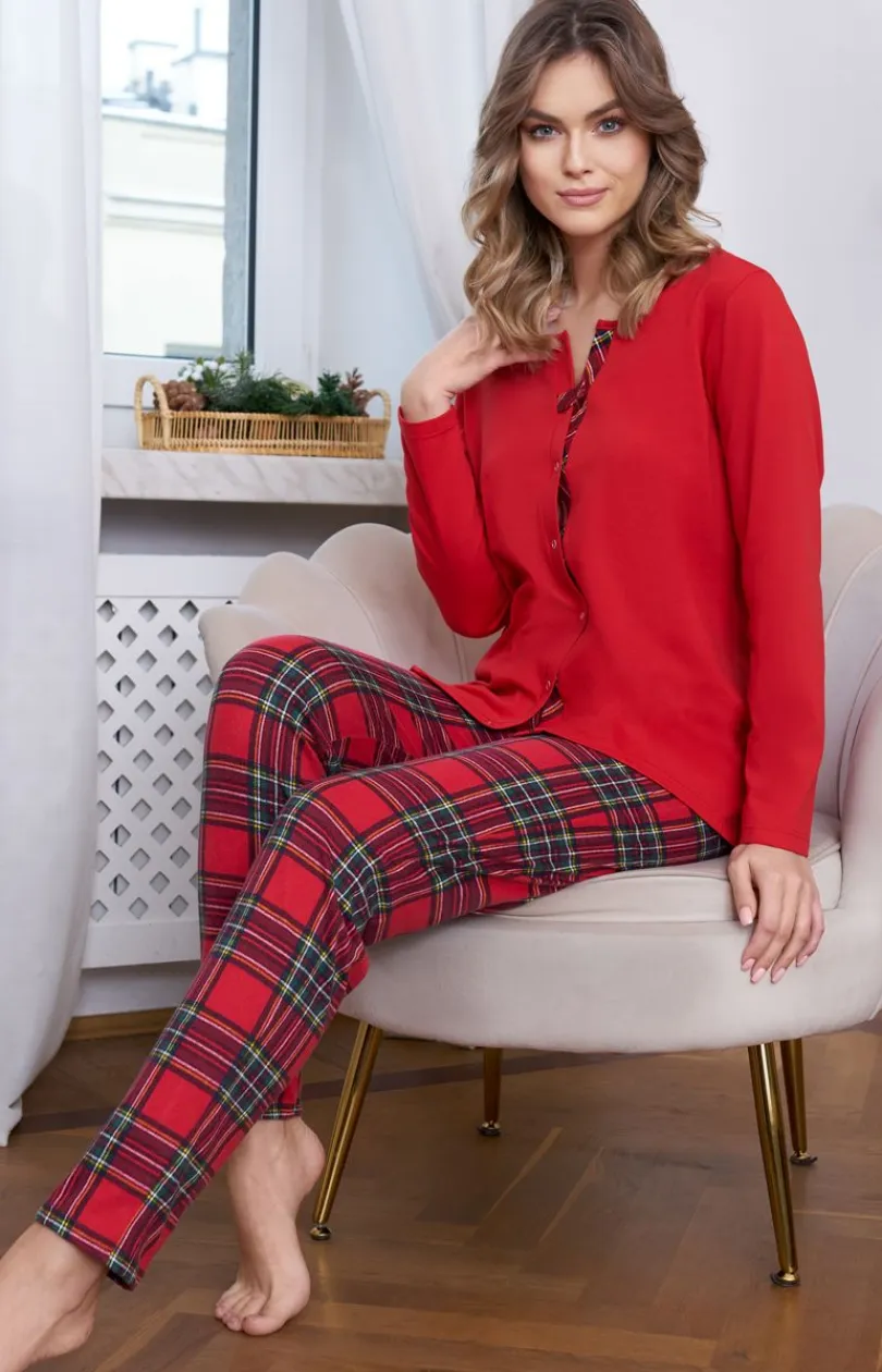 Damskie Italian Fashion Piżamy Rozpinane|Piżamy Bawełniane - Czerwona piżaa daka z długi rękawe i podniai w kratę Zorza
