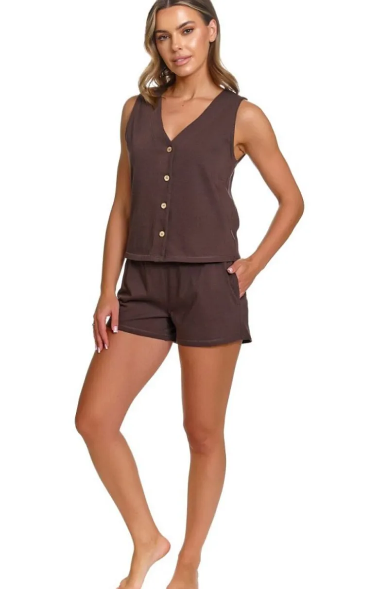 Doctor Nap brązowy komplet loungewear z bluzką o kroju kamizelki PM.7452