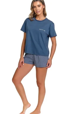 Doctor Nap niebieska piżama damska ze spodenkami w paseczki PM.7423.DENIM_BLUE