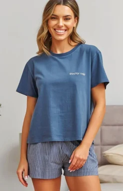 Doctor Nap niebieska piżama damska ze spodenkami w paseczki PM.7423.DENIM_BLUE
