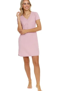 Damskie Doctor Nap Koszule Nocne Damskie|Seksowna Koszula Nocna - Różowa kozua nocna z prążkowanej bawełny T.4542.PAPAYA