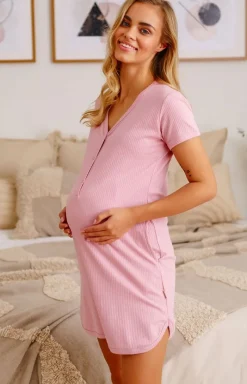 Damskie Doctor Nap Koszule Nocne Damskie|Seksowna Koszula Nocna - Różowa kozua nocna z prążkowanej bawełny T.4542.PAPAYA