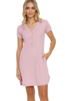 Damskie Doctor Nap Koszule Nocne Damskie|Seksowna Koszula Nocna - Różowa kozua nocna z prążkowanej bawełny T.4542.PAPAYA