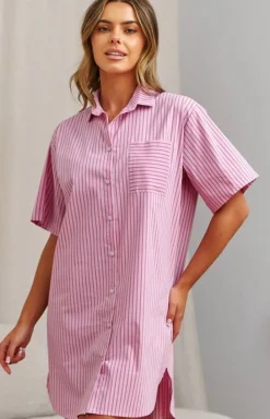 Damskie Doctor Nap Koszule Nocne Damskie|Koszula Nocna Rozpinana - rozpinana koszula nocna w paski TM.7427.MIAMI_PINK