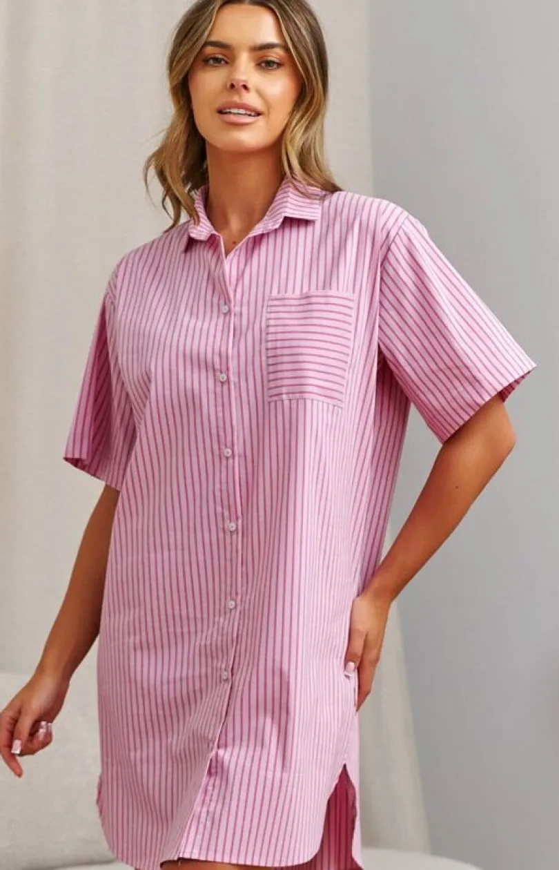 Damskie Doctor Nap Koszule Nocne Damskie|Koszula Nocna Rozpinana - rozpinana koszula nocna w paski TM.7427.MIAMI_PINK