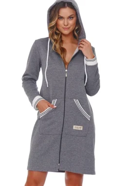 Damskie Doctor Nap Szlafroki I Peniuary|Szlafroki Damskie - zafrok w portowy tyu z ozdobnyi ściągaczai Z.4508.DARK_GREY