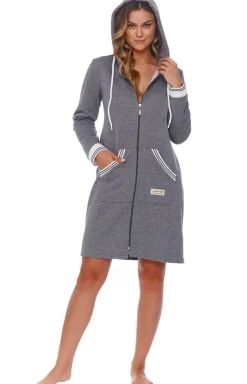 Damskie Doctor Nap Szlafroki I Peniuary|Szlafroki Damskie - zafrok w portowy tyu z ozdobnyi ściągaczai Z.4508.DARK_GREY