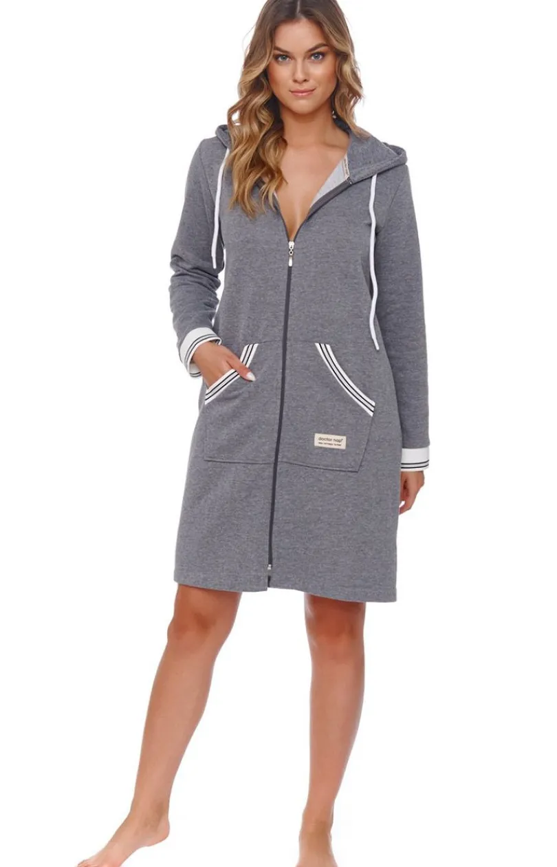 Damskie Doctor Nap Szlafroki I Peniuary|Szlafroki Damskie - zafrok w portowy tyu z ozdobnyi ściągaczai Z.4508.DARK_GREY