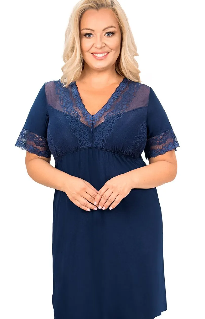 Damskie Donna Koszule Nocne|Koszule Nocne Damskie - damska koszula nocna plus size granatowa Linda