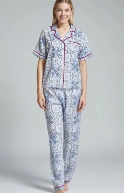 Długa piżama damska rozpinana niebiesko-różowa ATRANI