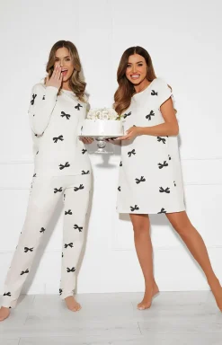 Damskie Italian Fashion Ciepłe Piżamy|Piżamy Damskie - Długa piżaa daka w kokardki Figaro