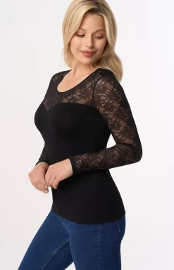 Elegancka czarna bluzka z koronkowymi rękawami MEREDITH