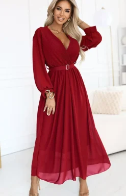 NUMOCO BASIC Moda - Elegancka plisowana sukienka maxi z paskiem bordowa 639-1
