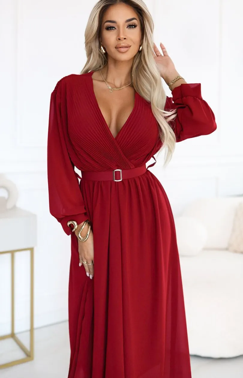 NUMOCO BASIC Moda - Elegancka plisowana sukienka maxi z paskiem bordowa 639-1