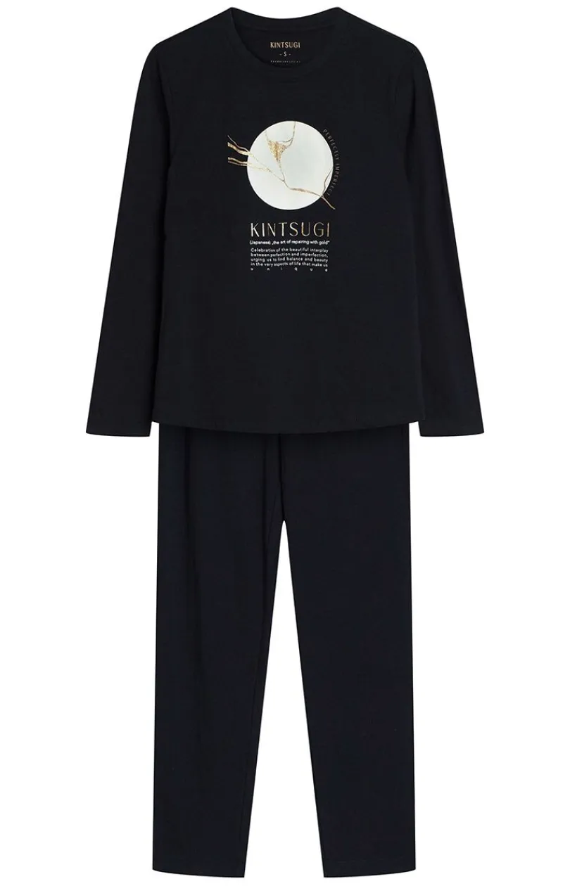 Damskie Henderson Bielizna Homewear|Piżamy Damskie - czarna bawełniana piżaa daska Dairoku 43727-99X