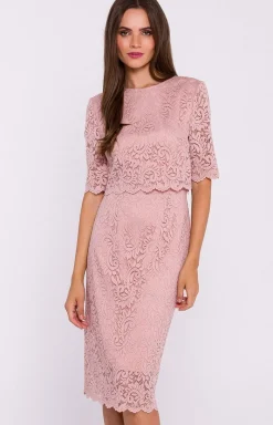 Stylove Moda - Koronkowa ukienka z podwójną górą pudrowy róż 379