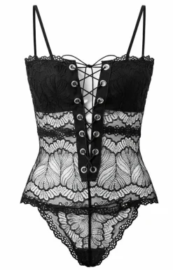 Koronkowe body damskie z wiązaniem czarne PURE ROMANCE
