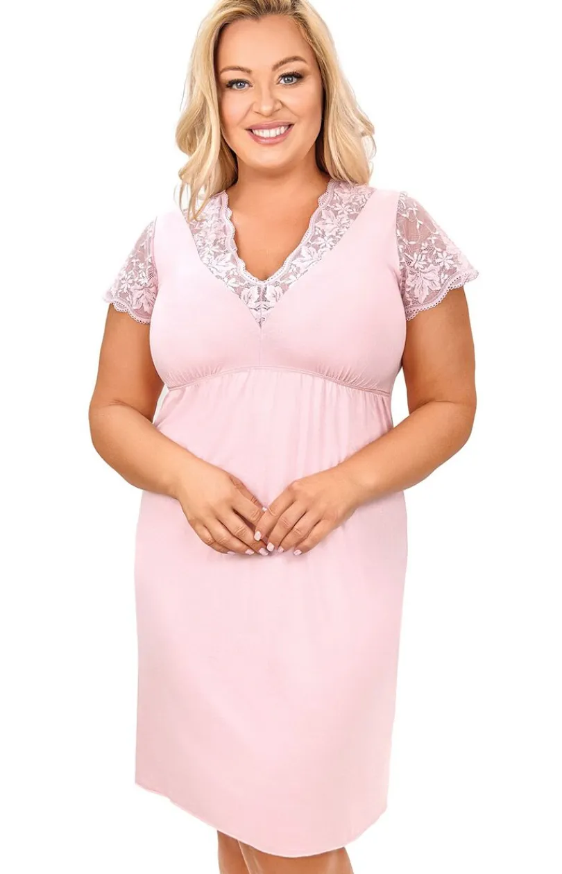 Damskie Donna Koszule Nocne|Koszule Nocne Damskie - Koszula nocna damska z koronką pudrowy róż plus size Sonia