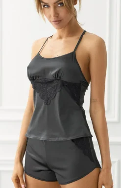Damskie LivCo Corsetti Fashion Piżamy Damskie|Piżamy Dwuczęściowe - Krótka czarna satynowa piżama Miraaze Black LC 90567