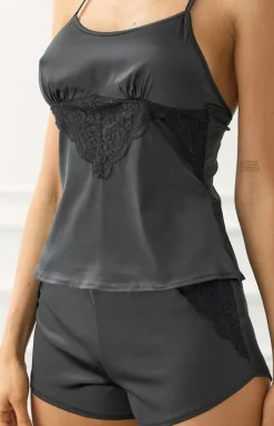 Damskie LivCo Corsetti Fashion Piżamy Damskie|Piżamy Dwuczęściowe - Krótka czarna satynowa piżama Miraaze Black LC 90567