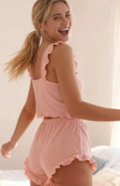 Damskie Passion Piżamy Damskie Krótkie|Bielizna Plus Size - Krótka piżama damska z fabanką różowa AURIVIE
