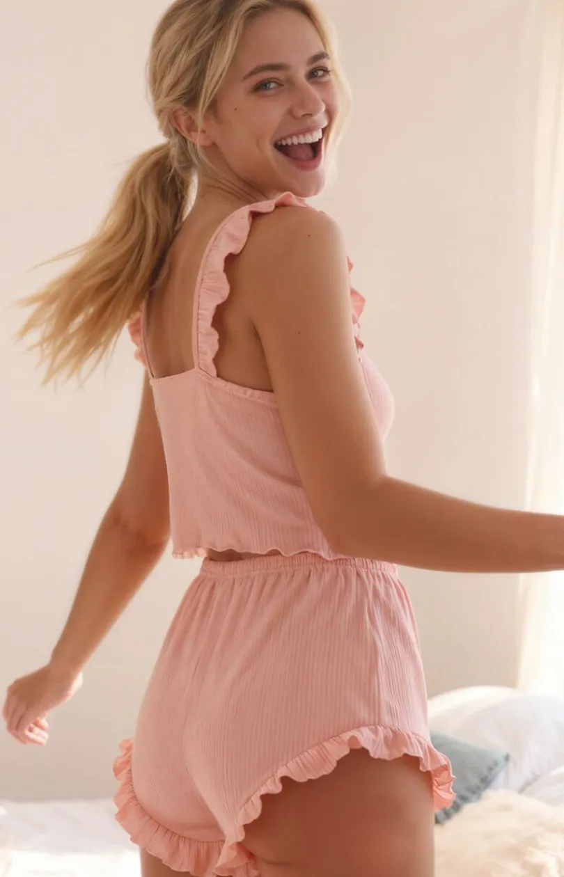 Damskie Passion Piżamy Damskie Krótkie|Bielizna Plus Size - Krótka piżama damska z fabanką różowa AURIVIE