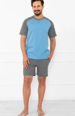 Męskie Italian Fashion Piżamy Męskie - Krótka piżama męska niebiesko-szara Aleksander