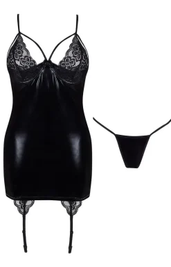Lakierowana koszulka damska z paskami do pończoch wet look Gemma chemise