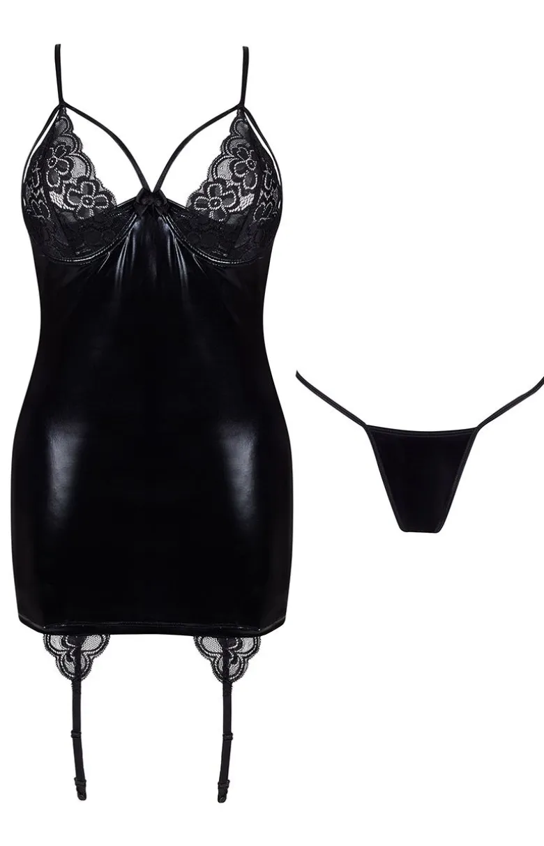 Lakierowana koszulka damska z paskami do pończoch wet look Gemma chemise