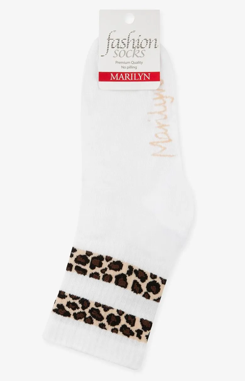 Marilyn skarpetki damskie z panterkowym wzorem białe Panther Stripes