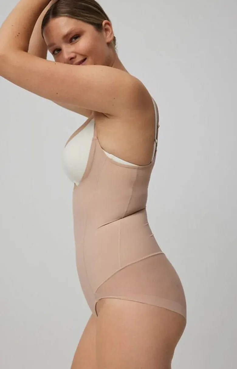 Modelujące body damskie z otwartym biustem beżowe 19621