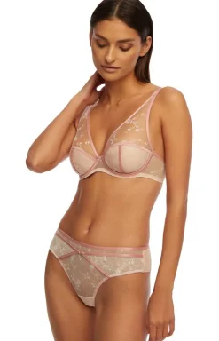 Modern romantic PU-888 różowy biustonosz push-up z kwiecistym haftem
