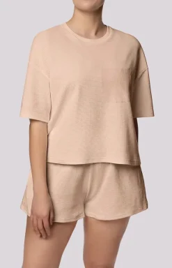 Damskie Mona Piżamy Bawełniane|Piżamy Damskie Krótkie - bawełniana piżama damska beżowa Cozy Short Sleeve Plus Size