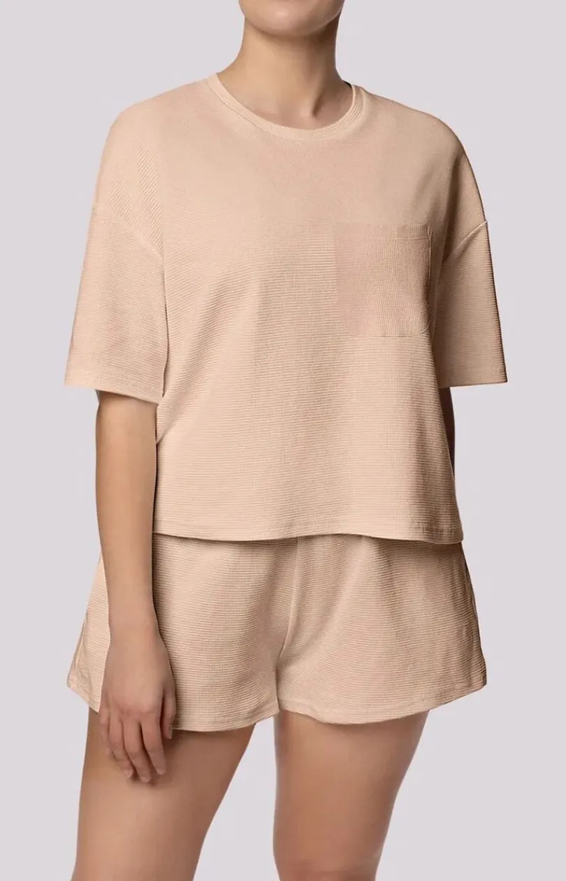Damskie Mona Piżamy Bawełniane|Piżamy Damskie Krótkie - bawełniana piżama damska beżowa Cozy Short Sleeve Plus Size